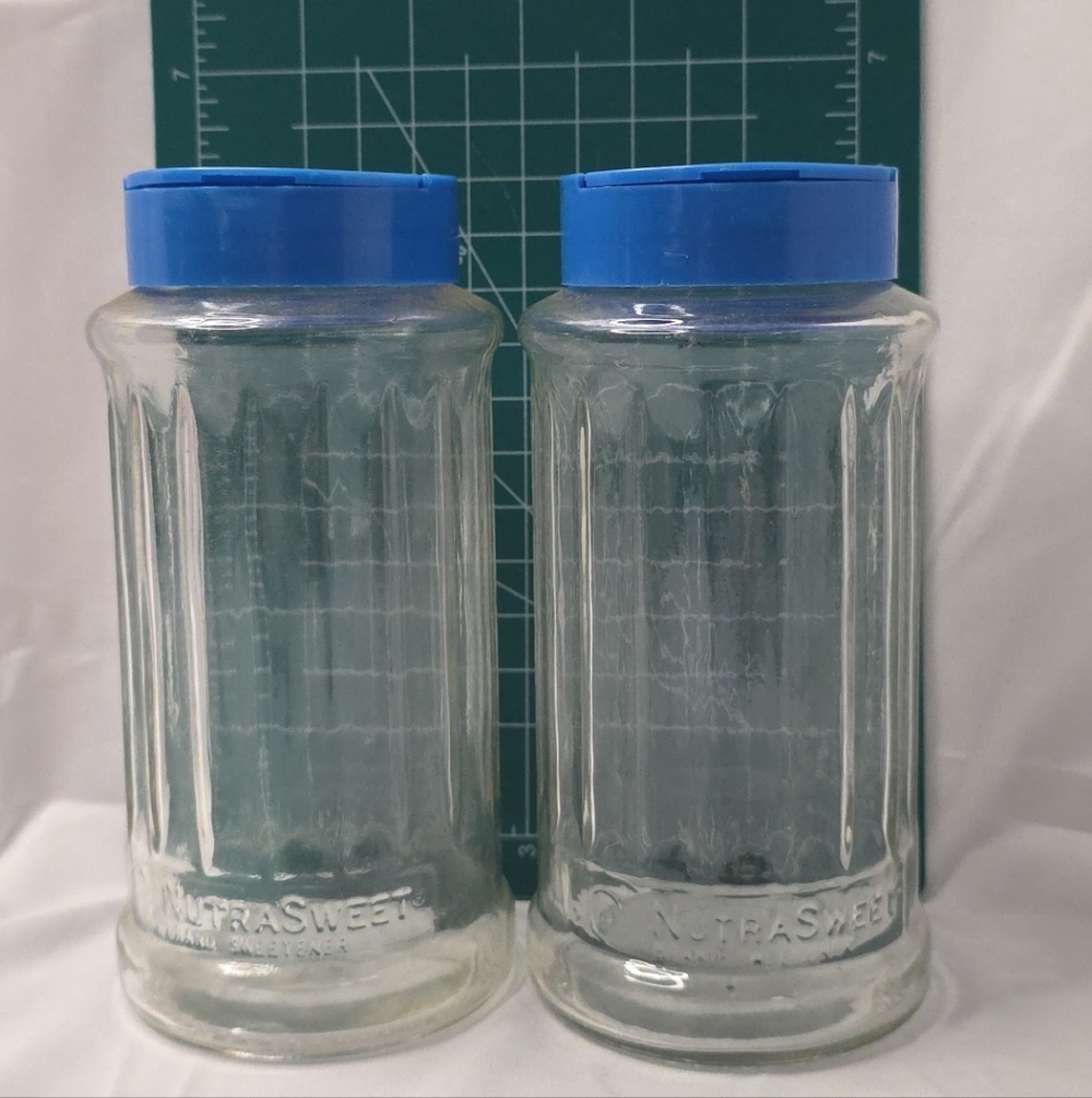 2 Vintage Nutra Sweet Glass Sugar Dispenser Shaker 6 inch Blue Lid Jar 